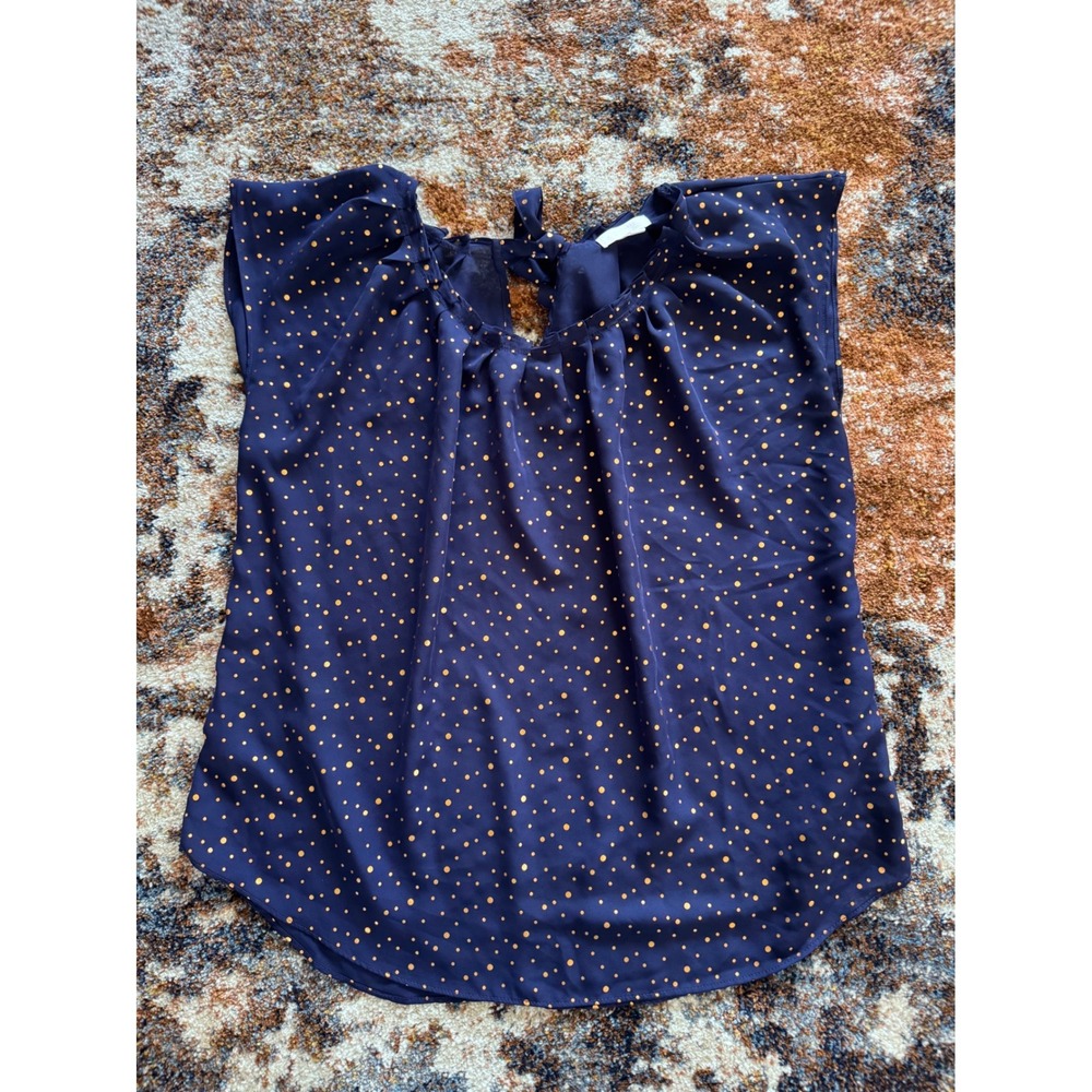 LC‎ Lauren Conrad Navy Blue Gold Metallic Polka Dot Tie Back Blouse XL